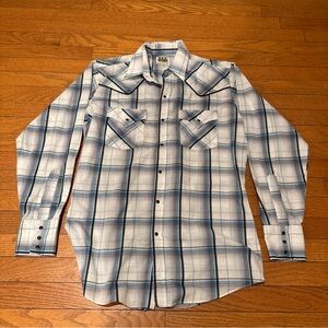 Ely Cattleman Men's Blue and White Plaid Dress Shirt Medium